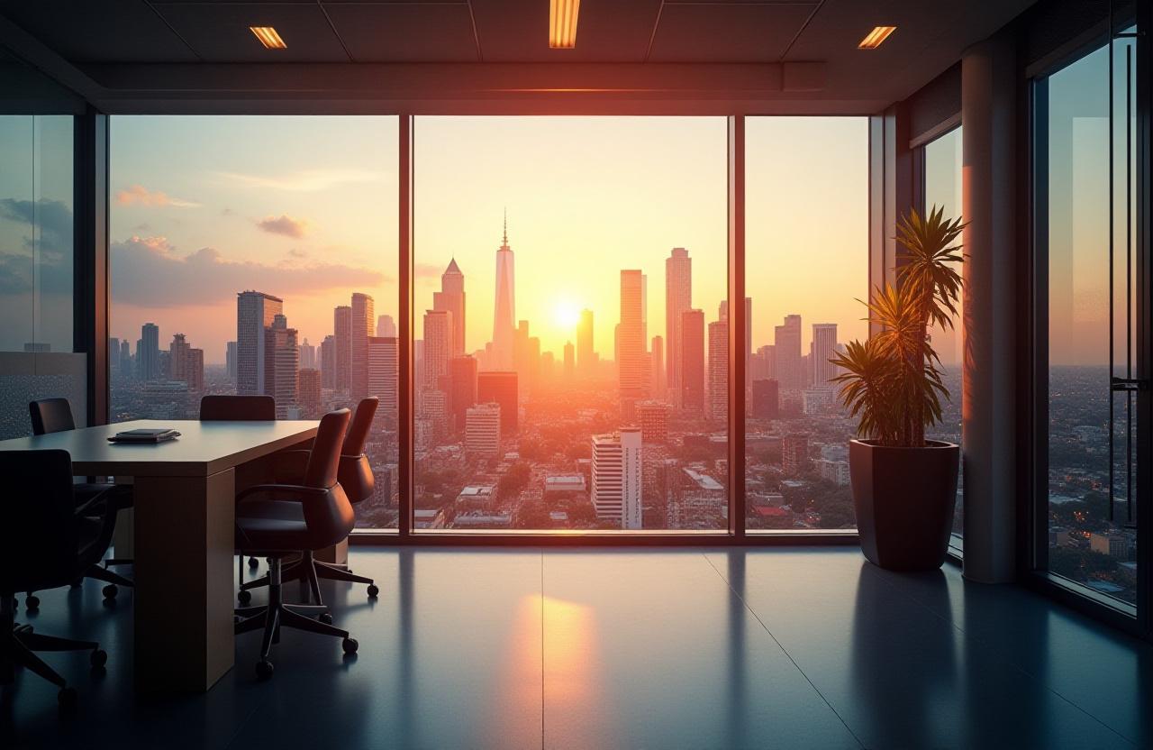 A modern office overlooking the Melbourne city skyline, representing forward momentum.