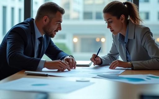 Two business professionals in a deep discussion over charts.